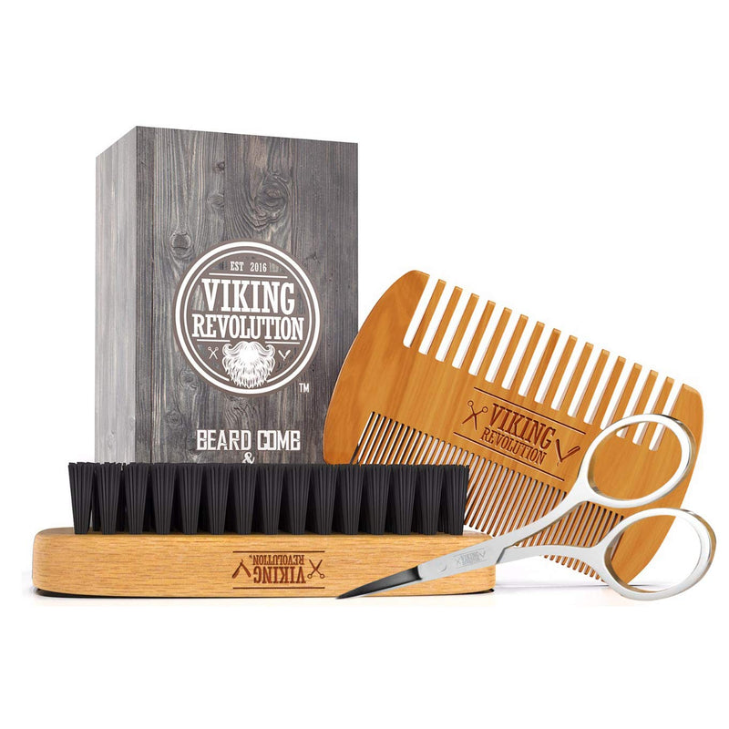 [Australia] - Viking Revolution Beard Comb & Beard Brush Set for Men - Natural Boar Bristle Brush and Dual Action Pear Wood Comb w/Velvet Travel Pouch - Great for Grooming Beards and Mustaches Brush & Comb Set 