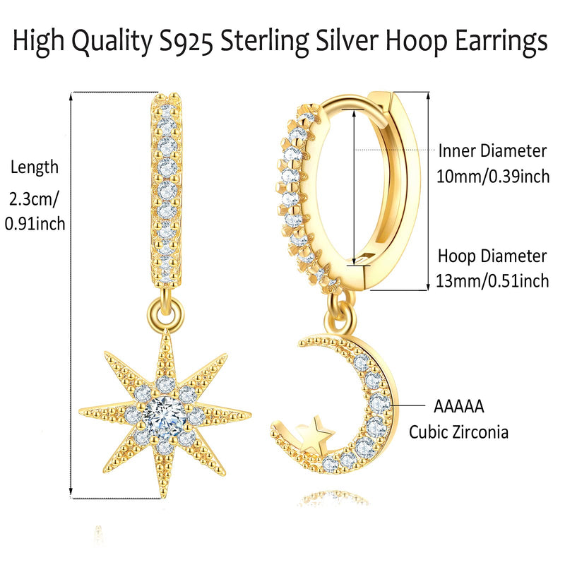 [Australia] - Moon Star 925 Sterling Silver Earrings For Women Girls, Dainty Drop/Dangle Huggie Earrings with Cubic Zirconia Unique Jewelry Gift Gold 