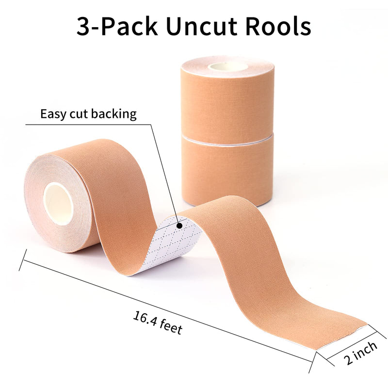 [Australia] - Lobtery Kinesiology Tape (3 Uncut Rolls) Waterproof Athletic Tape Sports for Knee Shoulder and Elbow, Kinesio Tape for Pain Relief, Latex Free, 2 inch x 16.4 feet Roll, Beige 