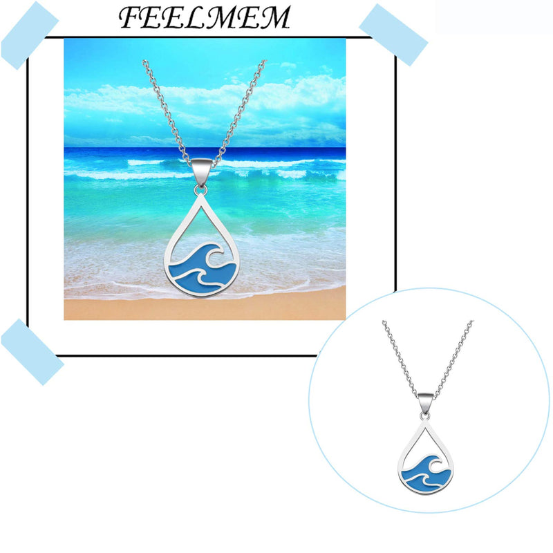 [Australia] - FEELMEM Ocean Wave Necklace Blue Wave Ocean Beach Sea Drop Shape Pendant Necklace Surfer Wave Jewelry Beach Lover Gift Hawaiian Ocean Themed Gifts silver 