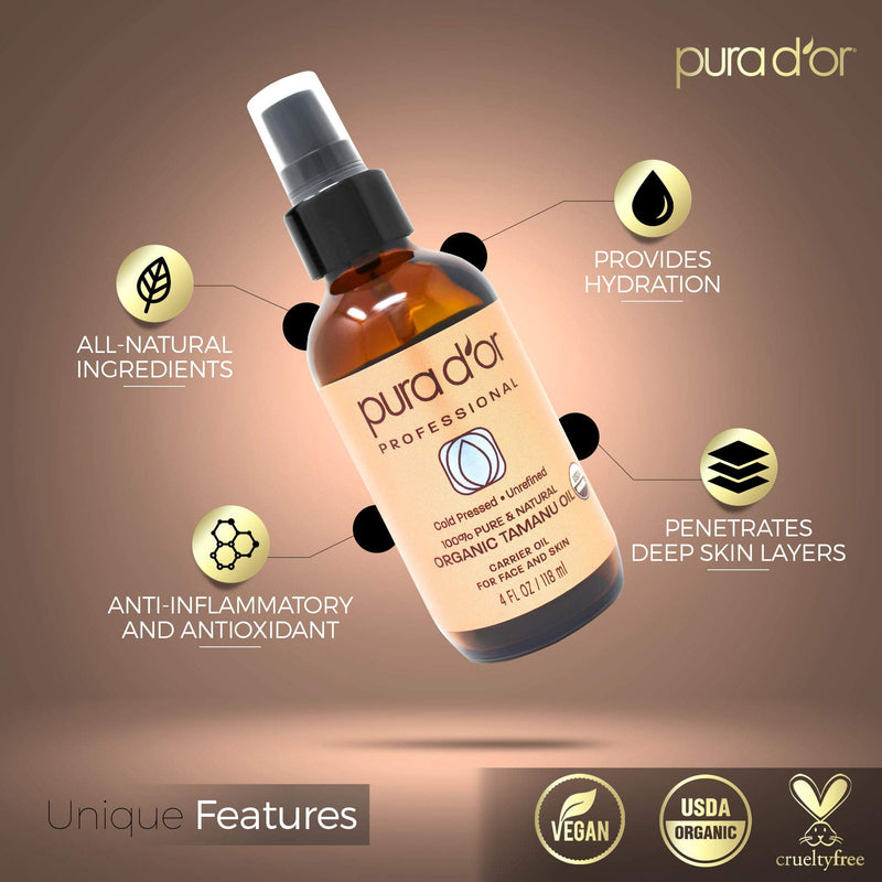 [Australia] - PURA D’OR Tamanu Oil (4oz / 118mL) USDA Organic Certified 100% Pure Natural Hexane Free Premium Grade Moisturizer - Helps Reduce Appearance of Scars from Psoriasis, Eczema & Acne (Packaging may vary) 