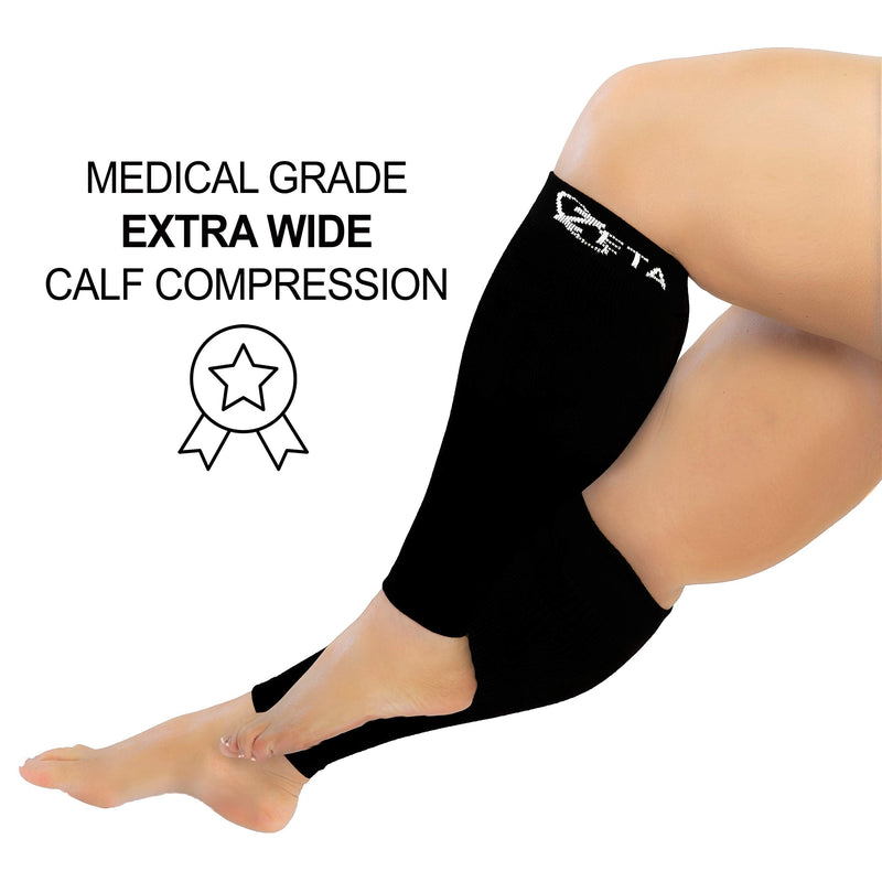 [Australia] - Zeta Sleeve XXL Wide Plus Size Calf Compression, Soothing Comfy Gradient Support, Prevents Swelling, Pain, Edema, DVT, Large Cuffs, Stretch to 26 Inches, Unisex, for Nurses, Seniors, Flights (Black) 