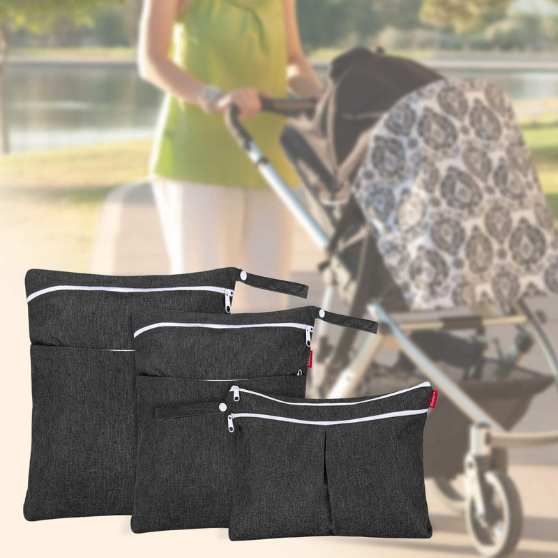 [Australia] - Damero 3pcs Wet Dry Bag for Cloth Diapers Nappy Bag Daycare Organiser Bag, Travel Diaper Organiser Bag with 2 Zippered Pockets for Baby Diaper, Travel, Beach, Pool, Gym Bag, Black 3 Count (Pack of 1) 