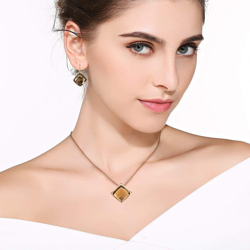 [Australia] - Square Austrian Crystal Necklace Earrings for Women Fashion 18K Gold Plated Hypoallergenic Jewelry Set Brown 