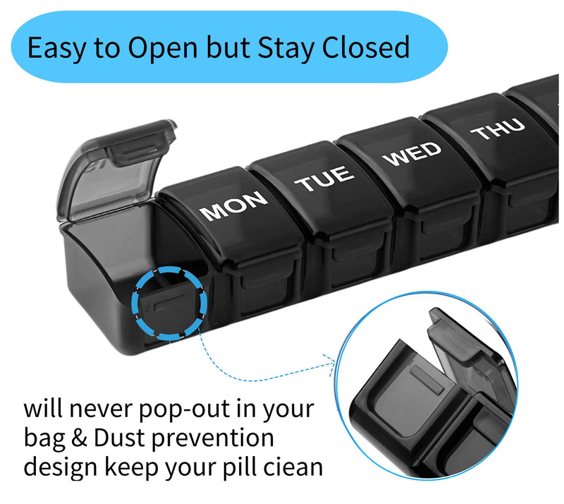 [Australia] - Weekly Pill Organiser Box Tablet Organiser, BPA Free Travel Pill Boxes 7 Day 1 Times a Day Large Tablet Box to Hold Vitamins, Cod Liver Oil, Supplements and Minerals Medication Tablets Holder, Black 