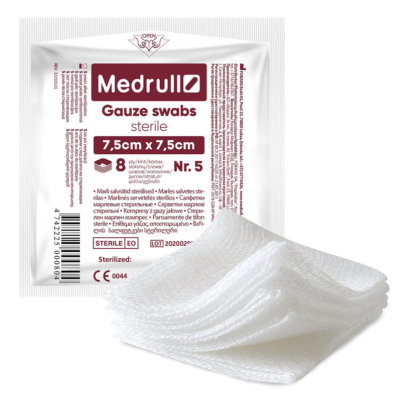[Australia] - Medrull - Sterile Gauze Swabs, Pack of 100 (20 x 5 Pieces) 8-Ply, 7.5 cm x 7.5 cm, Absorbent Dressings, Bandage Material, Gauze Bandages, Wound Dressings 7.5x7.5 cm (100er Pack) 