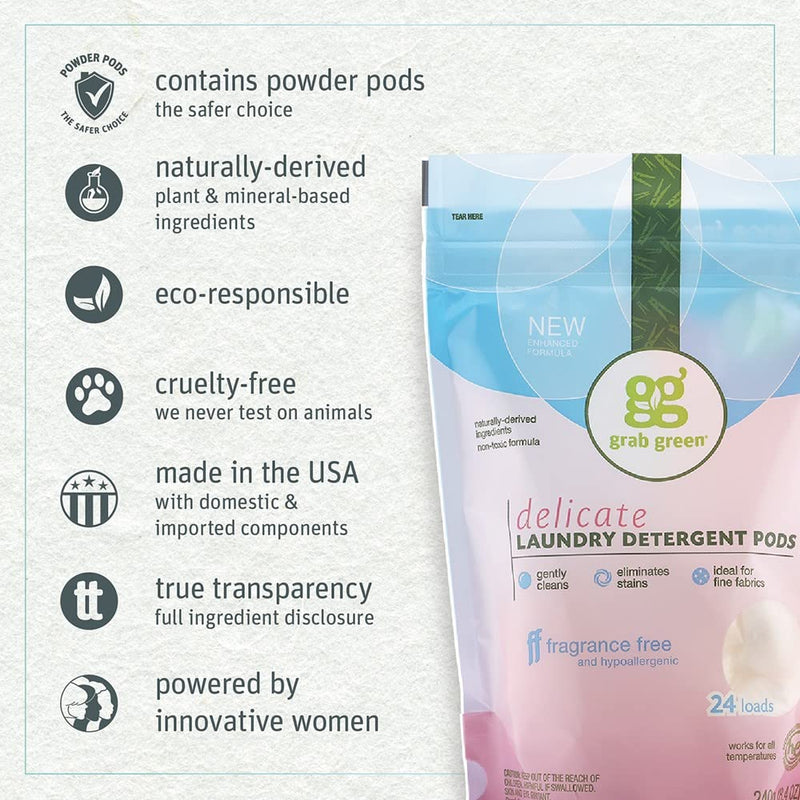 [Australia] - Grab Green Delicate Laundry Detergent Pods, 60 Count, Fragrance Free, Plant and Mineral Based, Gently Cleans, Eliminates Stains, Ideal for Fine Fabrics 60 Count (Pack of 1) 