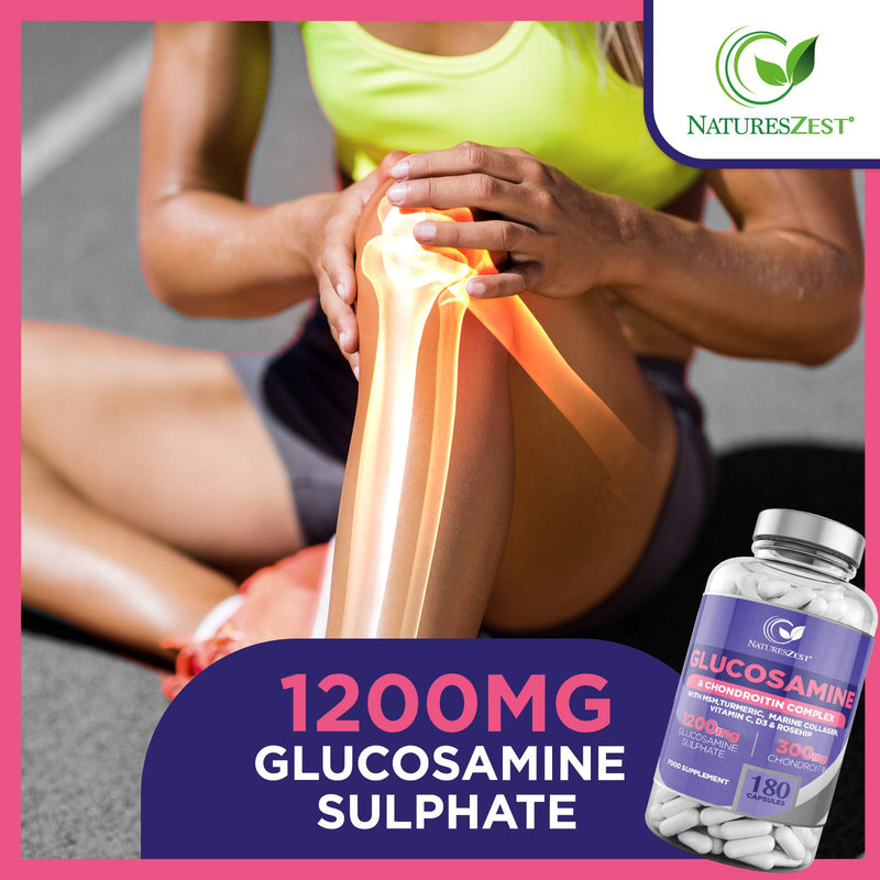 [Australia] - Glucosamine and Chondroitin High Strength Capsules - Glucosamine Complex with MSM – 180 Glucosamine Capsules - with Vitamin C, Rosehip, Turmeric Curcumin & Marine Collagen – UK Made by Natures Zest 