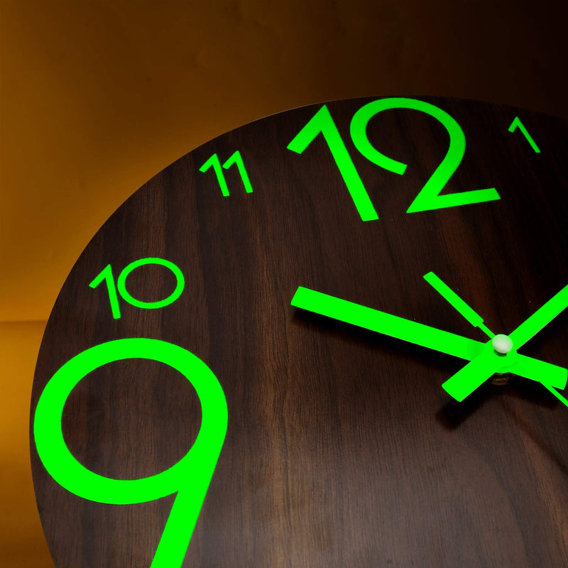 [Australia] - Plumeet Luminous Wall Clock - 12'' Non-Ticking Silent Wooden Clocks with Night Light - Large Decorative Wall Clock for Kitchen Office Bedroom,Battery Operated (Brown Face) Country Rustic 
