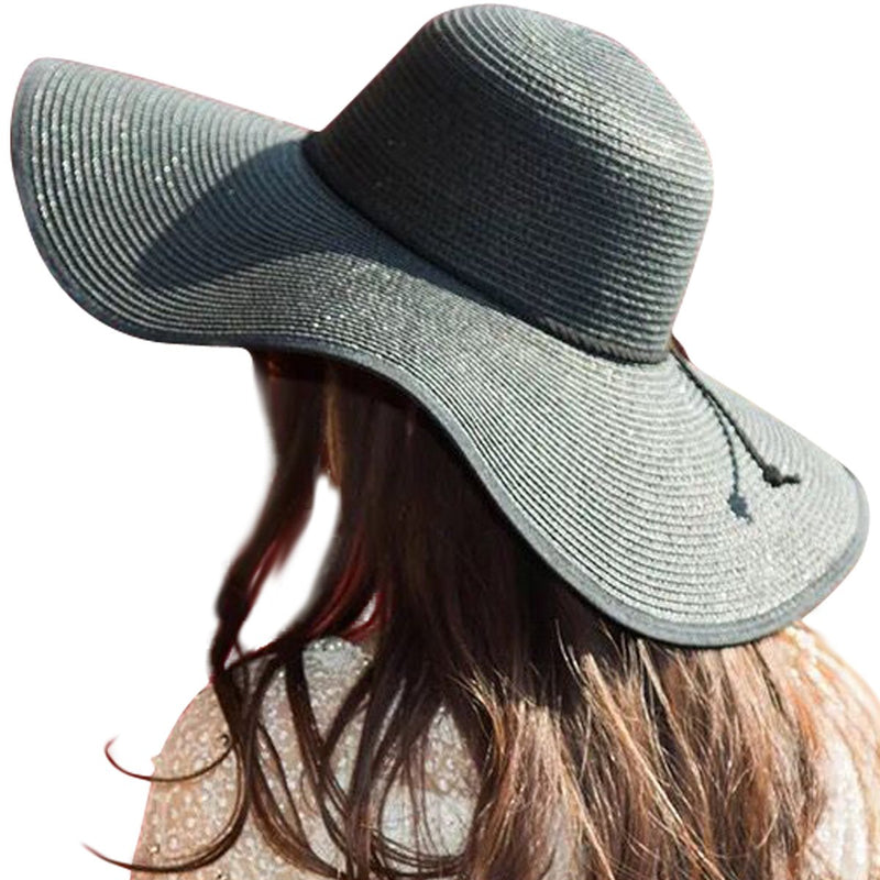 [Australia] - Lanzom Womens 5.5 Inches Big Bowknot Straw Hat Large Floppy Foldable Roll up Beach Cap Sun Hat UPF 50+ 01 Style B-black One Size 