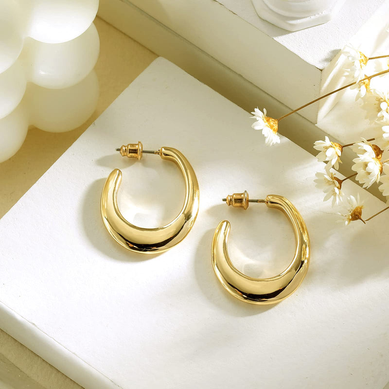 [Australia] - Oval Hoops Earrings: Hypoallergenic 14K Gold Plated Chunky Fashion Thick Earrings Jewelry for Trendy Women Teens Girls 