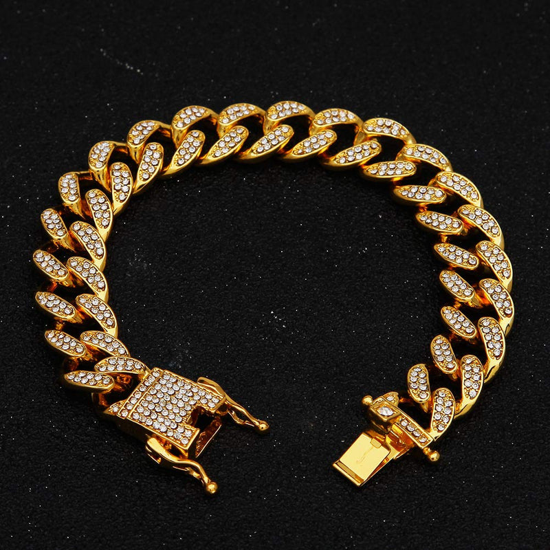 [Australia] - 13mm Cuban Link Chain for Mens Women Heavy Strong Necklaces Chain Iced Out Miami Curb Chain Bling Bling Hip Hop Necklace Chain Silver/Rose Gold/Gold Plated Rhinestone CZ Clasp Chain 18K Gold Bracelet 8inch 