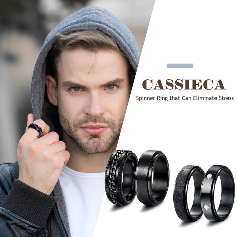 [Australia] - CASSIECA 4 Pcs Black Spinner Rings for Men Women Stainless Steel Fidget Rings Cool Chain Inlaid Anxiety Rings 6-8mm Wide Stress Relieving Wedding Promise Rings Set(Size 7-13) 