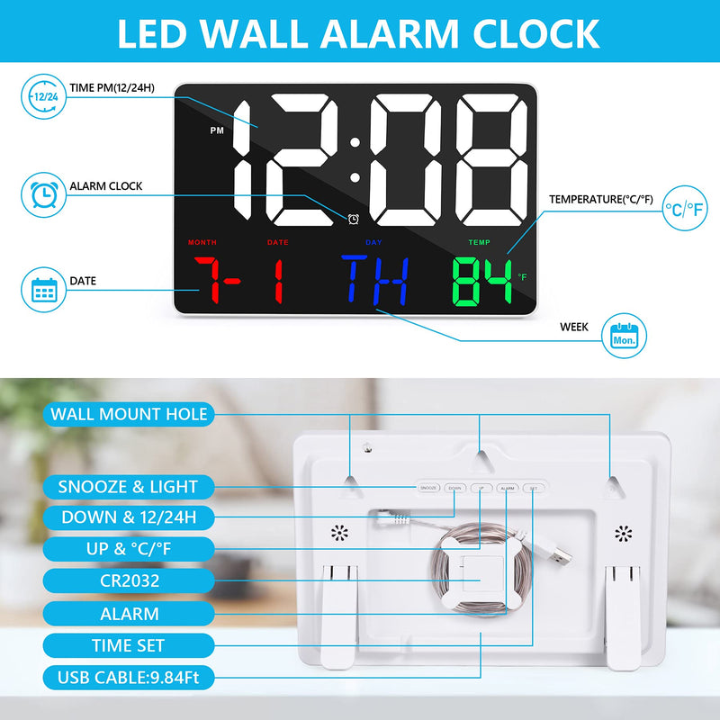 [Australia] - Digital Clock Large Display, Amgico 11.4" Large LED Digital Wall Clock with Temperature,Adjustable Brightness Digital Alarm Clock with Day and Date,Snooze,12/24H, for Bedroom,Office,Elderly White-multicolor 