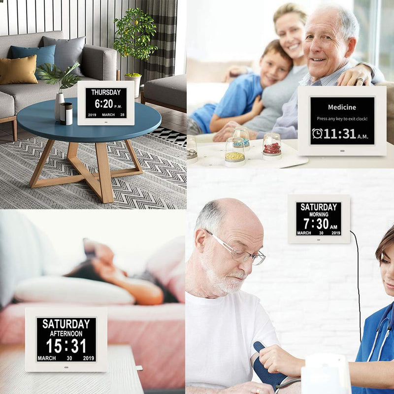 [Australia] - SSINI[12 Alarm Options] Digital Calendar Day Clock- 8" Large Screen Dementia Seniors Clock Display Non-Abbreviated Day & Month,Auto Dimmable for Seniors ,Alzheimer,Vision Impaired, Memory Loss White 