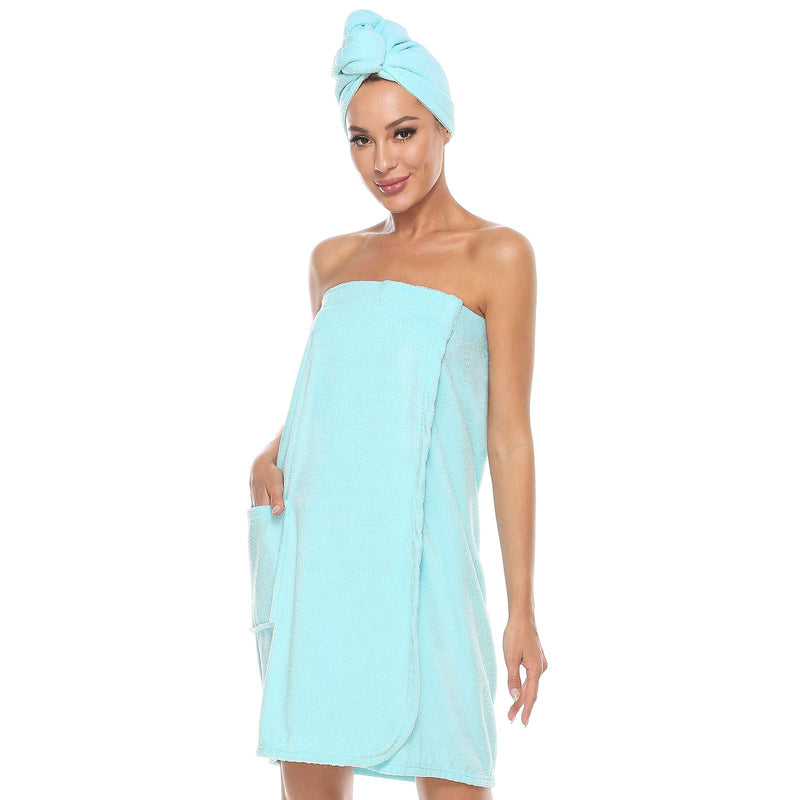 [Australia] - Orrpally Women Bath Wrap Spa Towel & Hair Towel Terry Cloth Towel Wrap Adjustable Bathrobe Blue Small-Medium 