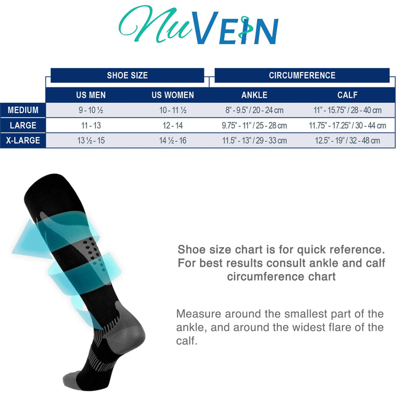 [Australia] - NuVein Compression Socks, 15-20 mmHg Support for Athletic Performance and Medical Recovery, Knee High, Closed Toe, Silver on Black, Large 