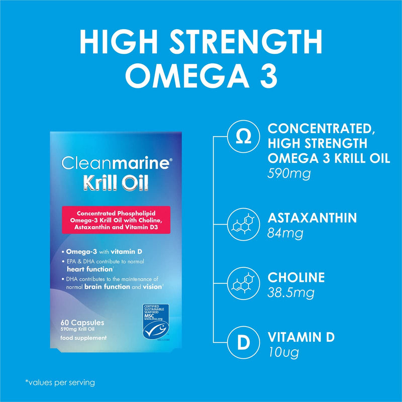 [Australia] - Cleanmarine Krill Oil – Packed with EPA & DHA – Omega 3 with Added Astaxanthin and Choline – Vitamin D – Heart, Eye & Brain Health – Joint & Immune Support - 60 Capsules 60 Count (Pack of 1) 