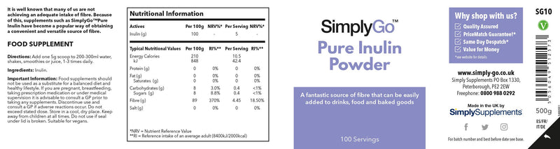[Australia] - SimplyGo Pure Inulin Powder | 500g | 100 Servings | Great Source of Soluble Dietary Fibre | Prebiotic Supplement | Vegan Friendly | Resealable Tub for Ease 