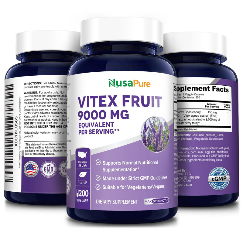 [Australia] - Vitex Chasteberry Fruit 20:1 Extract 9,000 mg -200 Veggie Caps 200 Days Supply (Non-GMO & Gluten Free) 