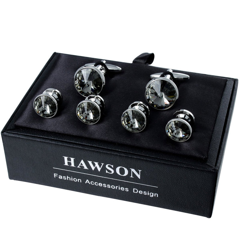 [Australia] - HAWSON Cufflink and Studs Tuxedo Set Silver Color with Swarovski Crystals in Jet Hematite, Dark Blue, Crystal Grey,Purple, Green Clear Gray(2 cufflinks & 4 studs) 