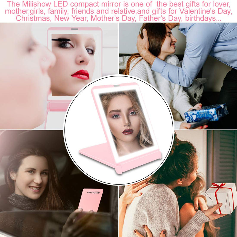 [Australia] - Milishow Compact Mirror with LED light,300°Flip Folding Portable Mirror,1x/3x Magnifying Mirror, Lighted Travel Mirror for Purse,Handbag,Handheld Makeup Mirror Gifts for Women/Birthday Gifts (Pink) Pink 