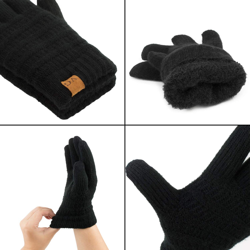 [Australia] - Womens Winter Touchscreen Gloves Cable Knit Warm Lined 3 Fingers Dual-layer Touch Screen Texting Mitten Glove for Women Black 1 