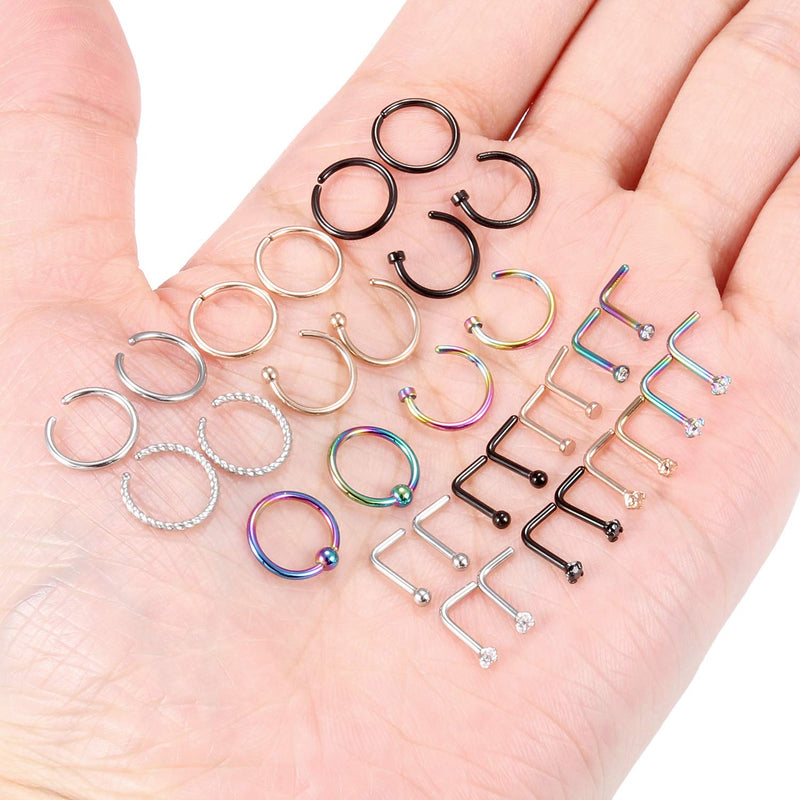 [Australia] - Lcolyoli 18g 20g Nose Rings Hoop Nose Studs Surgical Steel L Shaped Nostril Ring Piercing Jewelry Set for Women Men 18g, 32pcs 