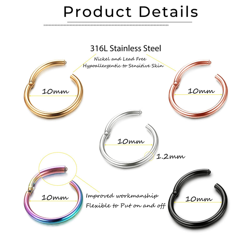 [Australia] - Drperfect 12 Pcs Septum Rings 316L Stainless Steel Cartilage Hoop Earrings Hinged Segment Clicker Septum Nose Rings Hoop Helix Daith Tragus Earrings Body Piercing for Women Men 16G 18G 16G-10MM 