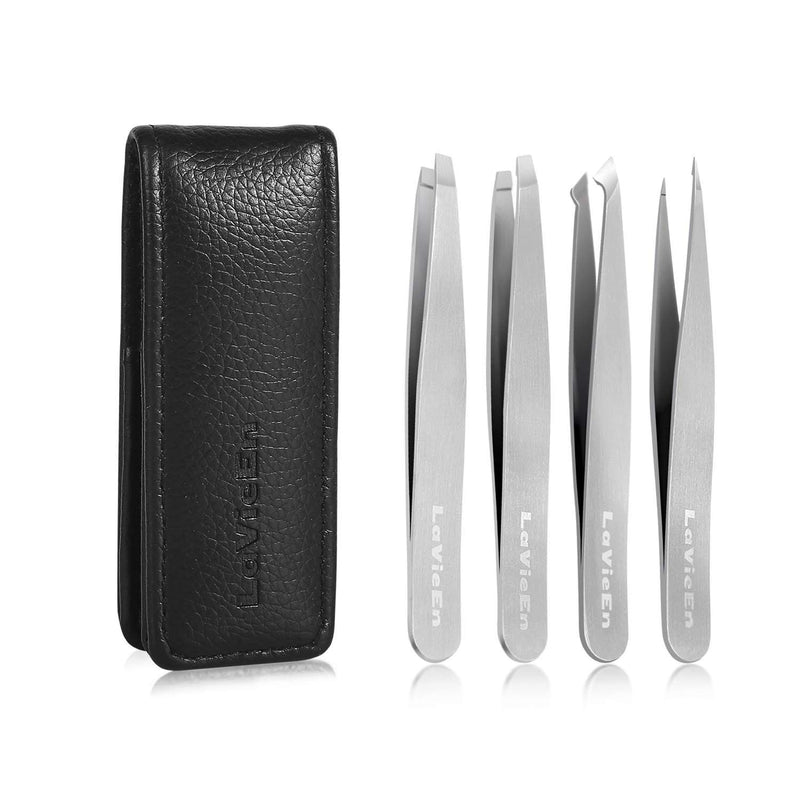 [Australia] - Precision Tweezers Set 4-Piece Professional Stainless Steel Tweezers, LaVieEn 4 Pack Tweezers Precision for Eyebrows, Splinter and Ingrown Hair Removal with Leather Travel Case (Silver) Silver 