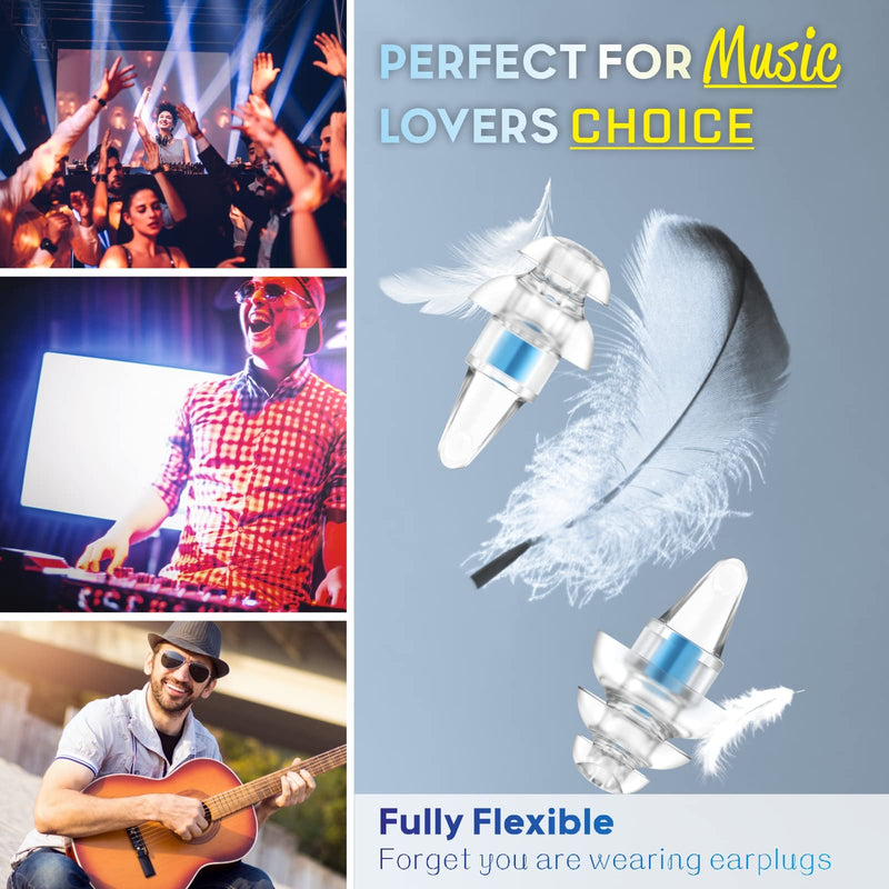 [Australia] - Concert Earplugs High Fidelity Music Ear Plugs 2 Pairs, 100X Reusable Noise Reduction Ear Plugs, Hearing Protection for Musicians, DJs, Festival, Raves, Drummers, Loud Noise -2 Sizes Fit All Ear Canal Blue 