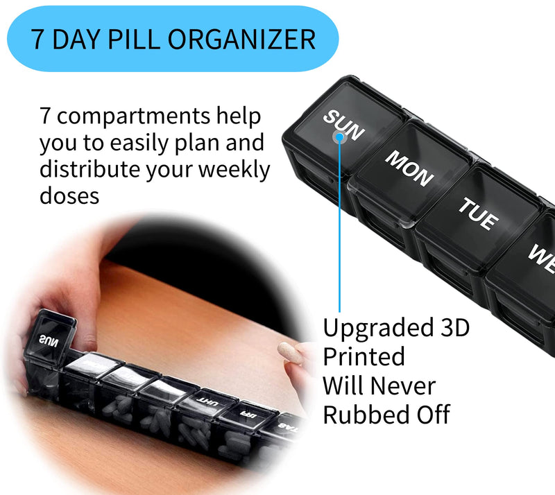 [Australia] - Weekly Pill Organiser Box Tablet Organiser, BPA Free Travel Pill Boxes 7 Day 1 Times a Day Large Tablet Box to Hold Vitamins, Cod Liver Oil, Supplements and Minerals Medication Tablets Holder, Black 