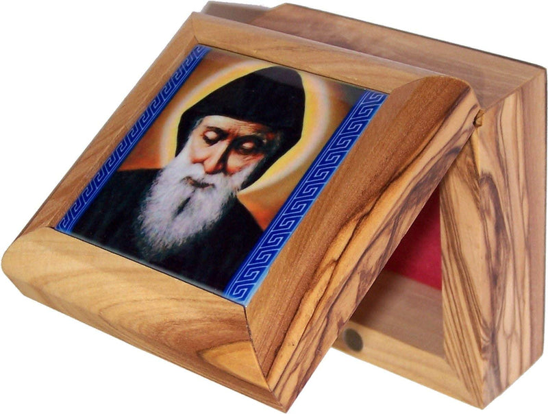 [Australia] - Holy Land Market Olive Wood Rosary and Box from Bethlehem (Mar Charbel - Lebanese Saint) 