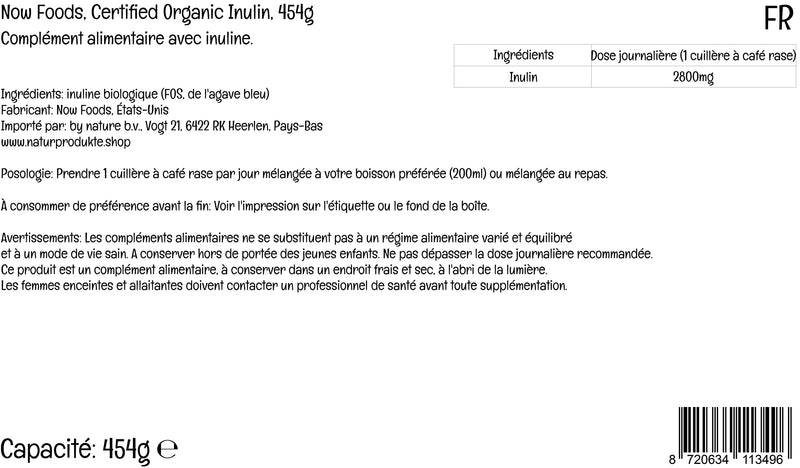 [Australia] - Now Foods, Certified Organic Inulin (Organic Inulin) from Blue Agave, Dietary Fibre, 454g Vegan Powder, Lab-Tested, Soy Free, Gluten Free, Non-GMO, Vegetarian 