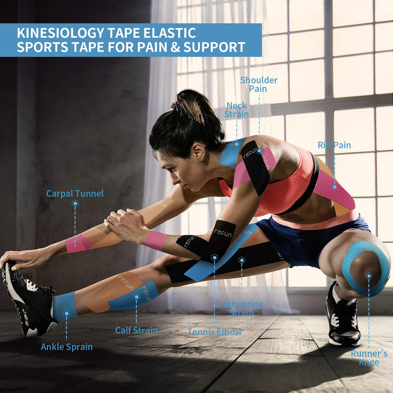 [Australia] - REFUN Kinesiology Tape Precut (4 Rolls Pack), Elastic Therapeutic Sports Tape for Knee Shoulder and Elbow, Pain Relief, Waterproof, Latex Free, 2" x 16.5 feet Per Roll, 20 Precut 10 Inch Strips Beige 