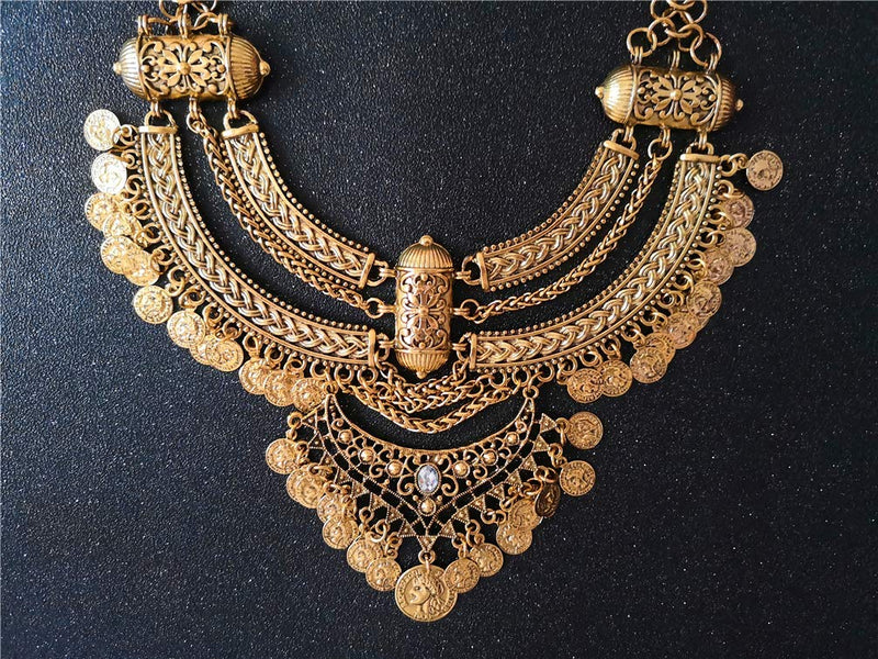 [Australia] - Ufraky Women Vintage Bohemian Ethnic Gypsy Bib Chunky Festival Statement Coin Necklace and Earrings Set Anti gold 