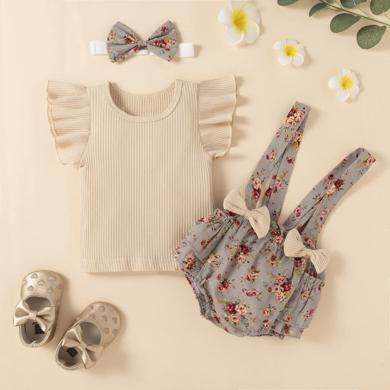 [Australia] - Newborn Infant Baby Girls Summer Clothes Sets Ruffle Sleeve Ribbed T-Shirt Floral Suspender Shorts Headband 3PCS Outfit Set Beige 0-3 Months 