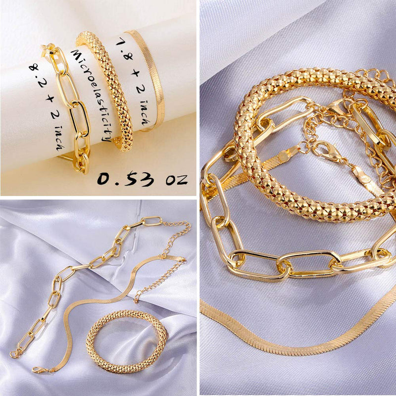 [Australia] - IFKM 6 PACK (24 PCS) Boho Gold Chain Bracelets Set for Women Girls, 14K Gold Plated Multiple Layered Stackable Open Cuff Wrap Bangle Adjustable Link Italian Cuban Jewelry for Women Girls Gift 