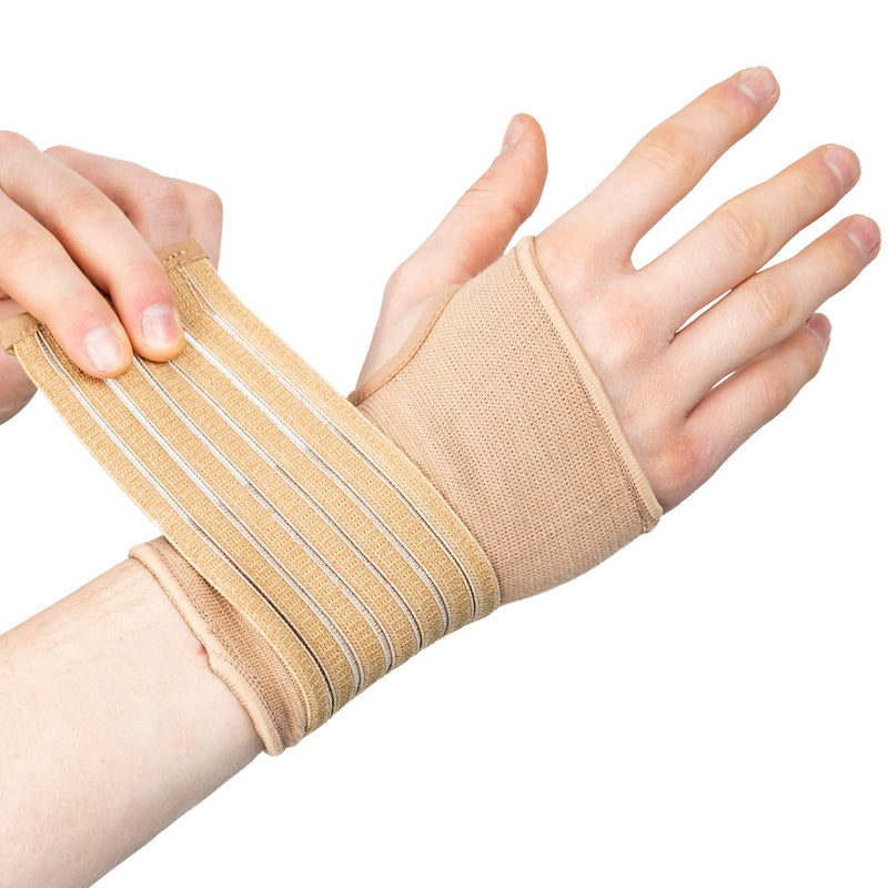[Australia] - Actesso Elastic Wrist Support with Strap - Ideal for Sprains, Injury or Sports Use with no Metal bar - Support Without inhibiting Flexibility | Left or Right (Small, Beige) S (Pack of 1) 