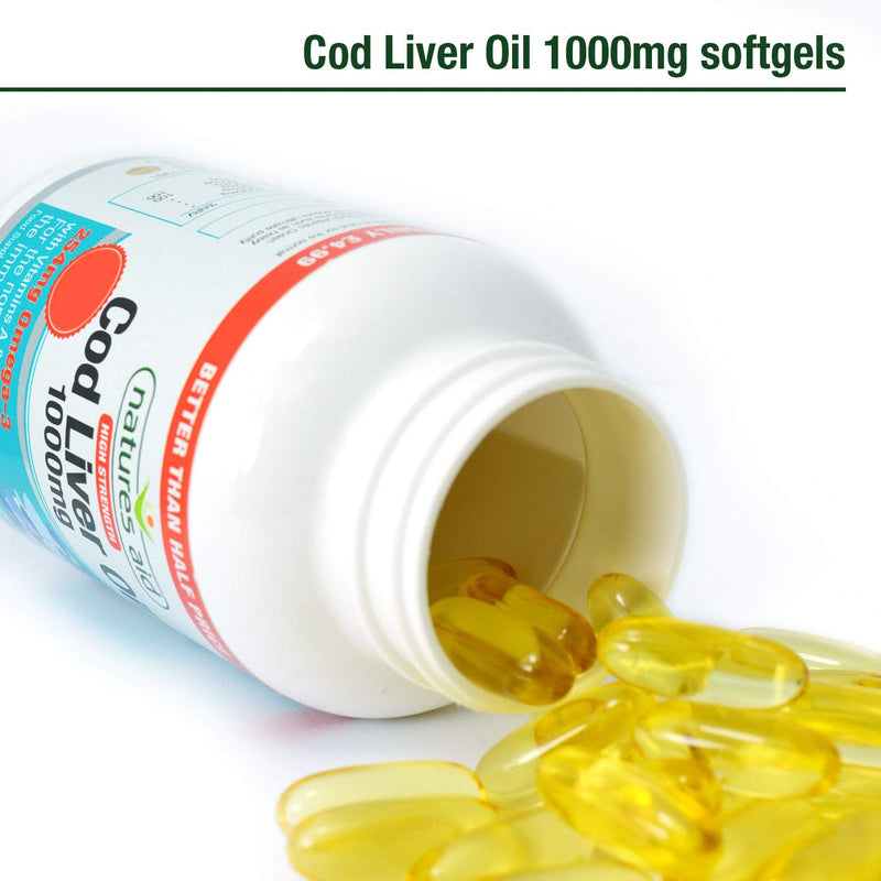 [Australia] - Natures Aid Cod Liver Oil, 1000 mg, 180 Softgel Capsules (High Strength, 254 mg Omega-3 with Vitamins A and D for Normal Function of the Immune System, Made in the UK) 