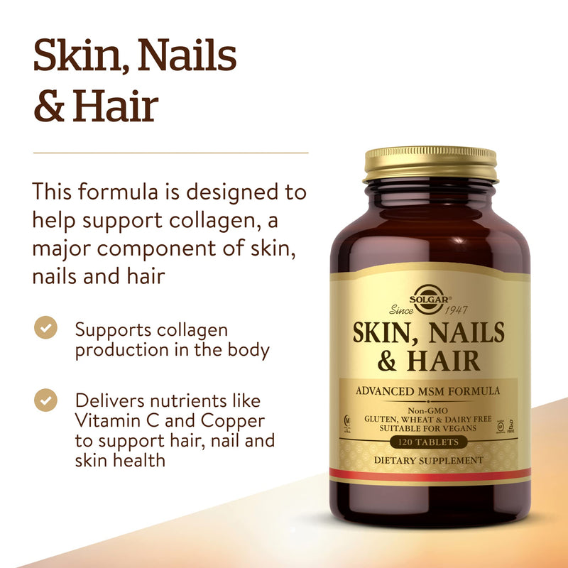 [Australia] - Solgar Skin, Nails & Hair, Advanced MSM Formula, 120 Tablets - Supports Collagen for Hair, Nail and Skin Health - Provides Zinc, Vitamin C & Copper - Non GMO, Vegan, Gluten & Dairy Free - 60 Servings 