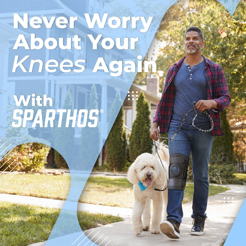 [Australia] - Sparthos Hinged Knee Brace - Relieves ACL, MCL, Meniscus Tear, Arthritis, Tendon Pain - Open Patella Design with Dual Metal Side Stabilizers - Support for Running, Knee Pain, For Men and Women (Large) Gray/Black Large 