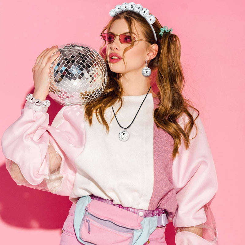 [Australia] - Hicarer 70s Disco Costume Disco Ball Earrings Disco Ball Necklace Disco Ball Bracelet Disco Ball Headband for Women 
