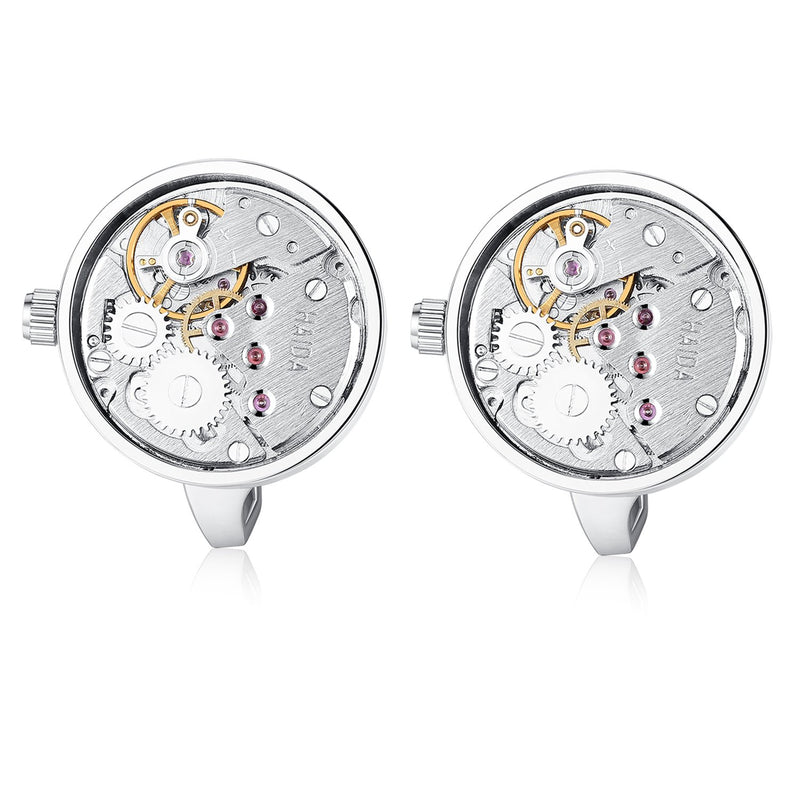 [Australia] - HONEY BEAR Cufflinks Mens Vintage Watch Movement Steampunk for Wedding Gift Silver 