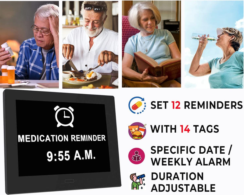 [Australia] - [2022 Newest] 12 Alarms Dementia Clock 8 Inch Large with Remote Control, 5 Levels Auto Dimmable, Non-Abbreviated Date and Day Clock with Calendar for Alzheimers Seniors with Digital Frame Feature Black 