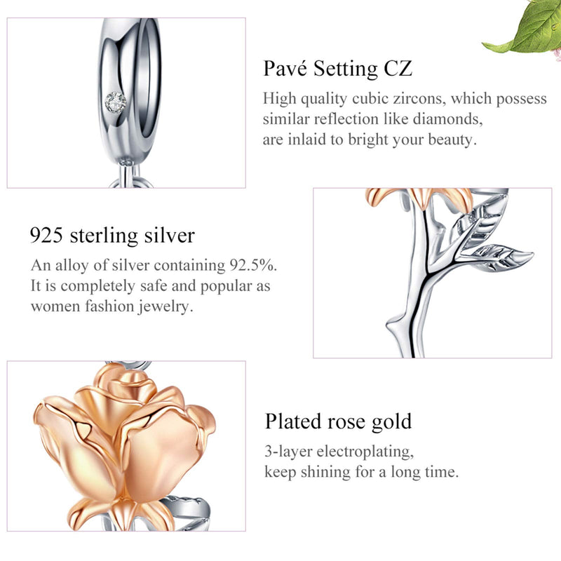 [Australia] - Presentski Rose Flower Pendant Charm Sterling Silver - Rose Gold Flower Pendants for Bracelet Necklace Jewelry Gifts for Girls Women 