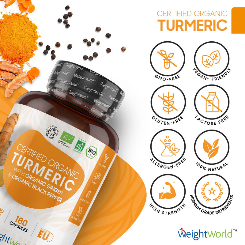 [Australia] - Organic Turmeric Ginger & Black Pepper Capsules 1520mg - 180 Vegan Capsules - with Active Curcumin - Soil Association Certified - 3 Month Supply - High Strength Turmeric & Black Pepper Supplement 