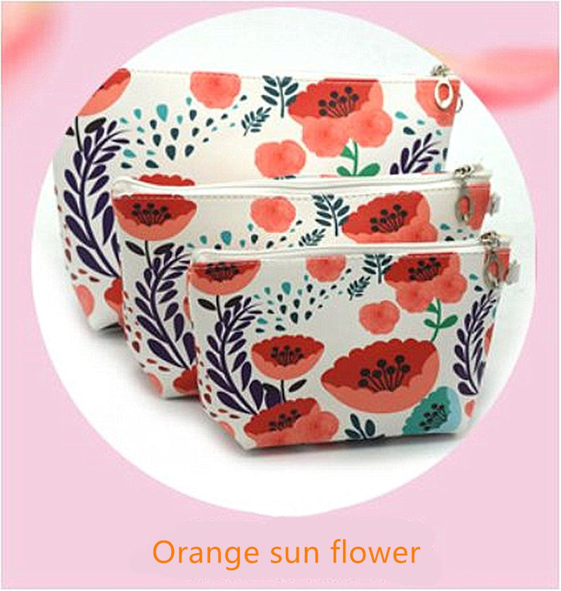 [Australia] - XICHEN 3 PCS cosmetic bag waterproof cosmetic bag large capacity pu leather, Bathroom, Storage (3 Sizes) (Orange sun flower) Orange sun flower 