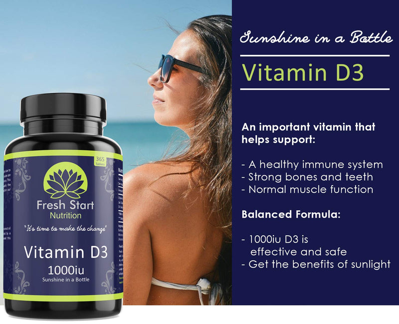 [Australia] - Vitamin D3 1000iu Tablets | 365 (1 Year Supply) Vegetarian Vitamin D Supplement Tiny Easy to Swallow Pills | VIT D as Cholecalciferol | Fresh Start Nutrition 
