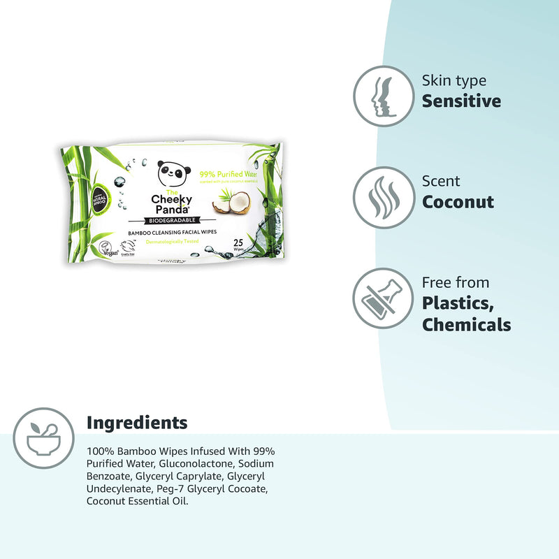 [Australia] - The Cheeky Panda – Facial Wipes, Coconut Scented | Pack of 25 Wipes | Make Up Remover, Hypoallergenic, Eco-Friendly, Super Soft, Kind to Skin & Sustainable 25 Count (Pack of 1) 